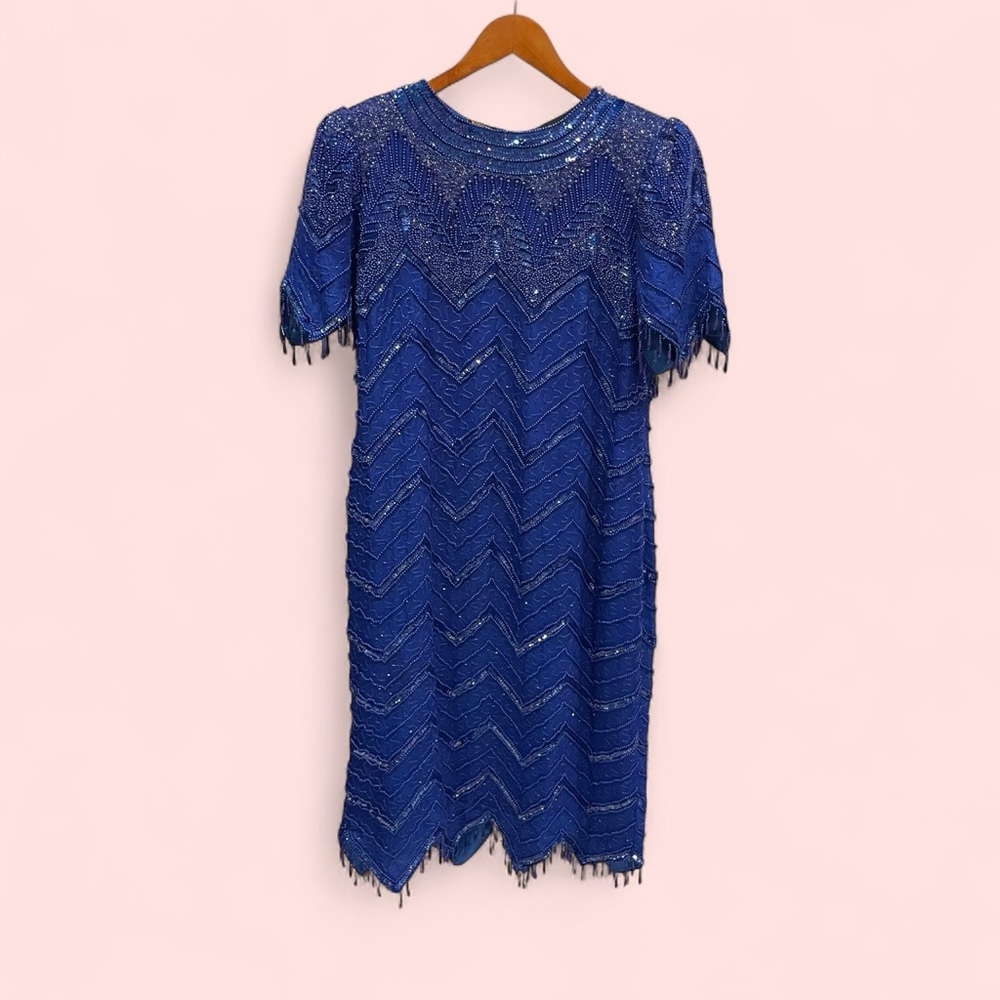Fairy vintage 80’s blue silk heavy beaded sequin chevron dress boho mermaid